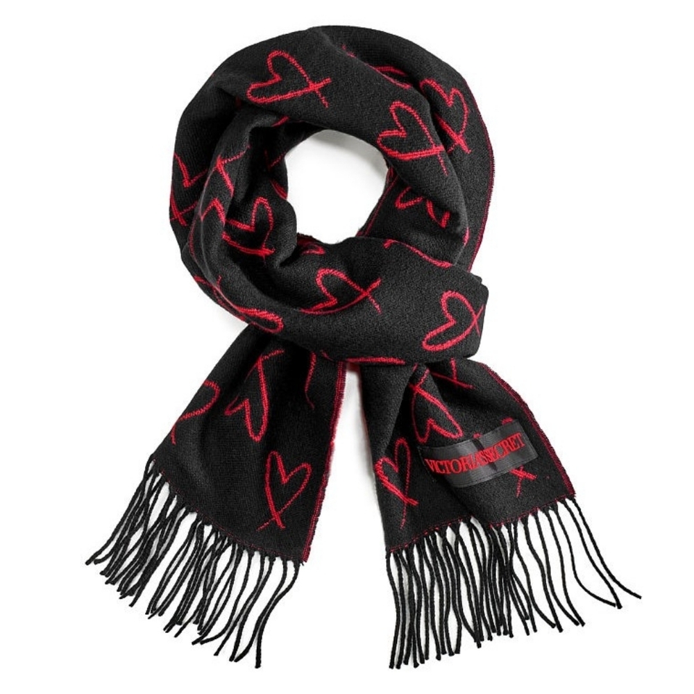 Victoria's Secret Black Scarlet Red Hearts Reversible Woven Winter Scarf NEW